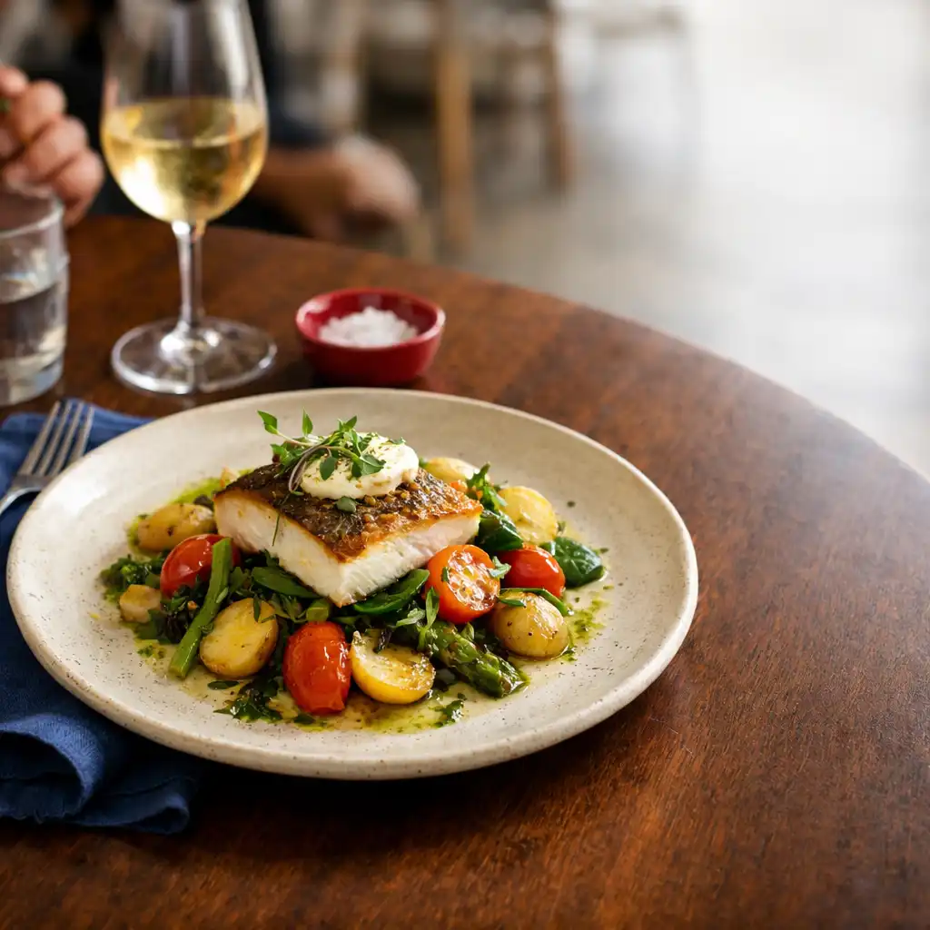 A generous plated meal on a timber table with cobalt linen in a bright bistro