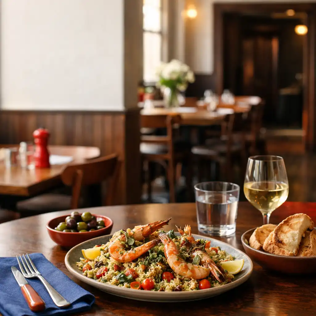 A shared meal on a timber table in the bright Flop And Char Coal dining room