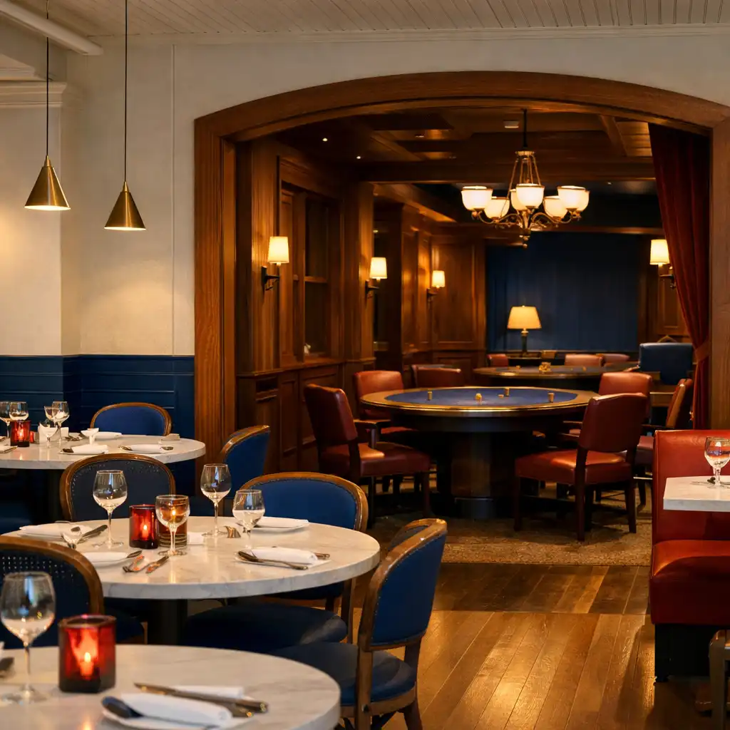 Restaurant interior perspective moving from a bright bistro foreground toward a warmer Card Room atmosphere