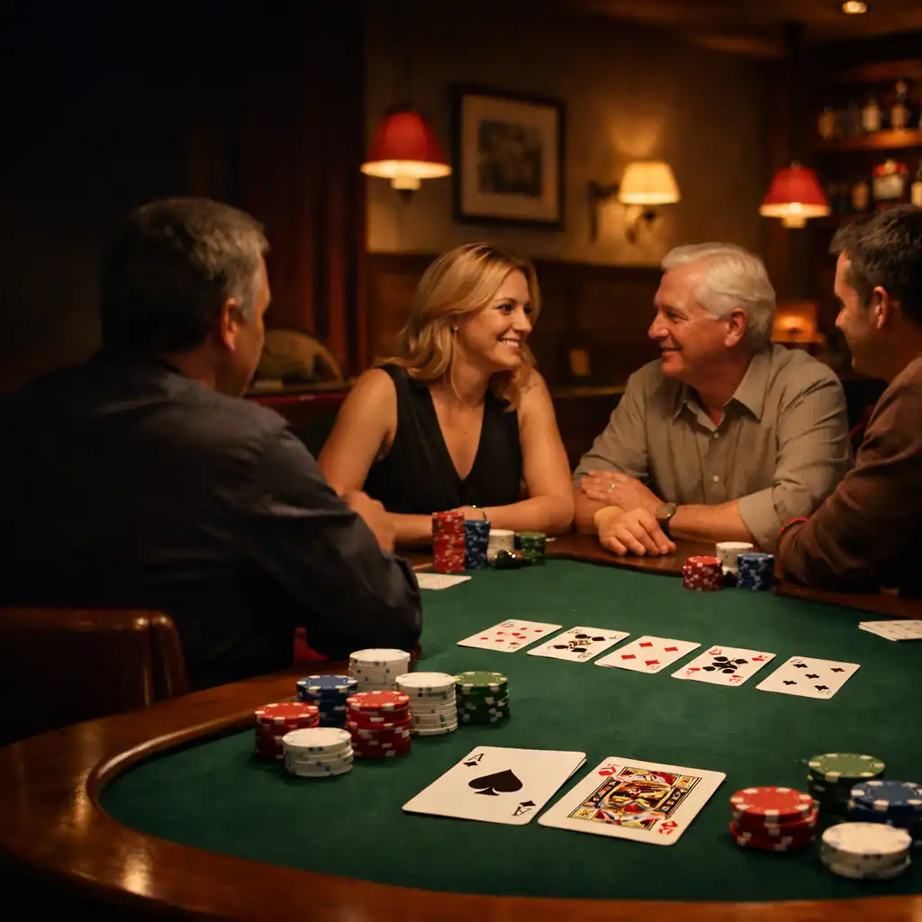 People talking around a physical poker table in the warmly lit Card Room