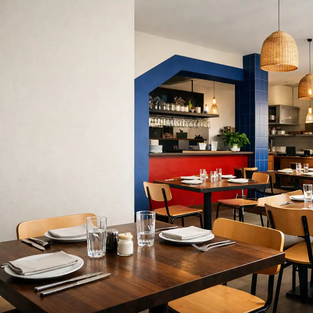 Bright contemporary bistro interior with ivory surfaces, timber tables and cobalt accents