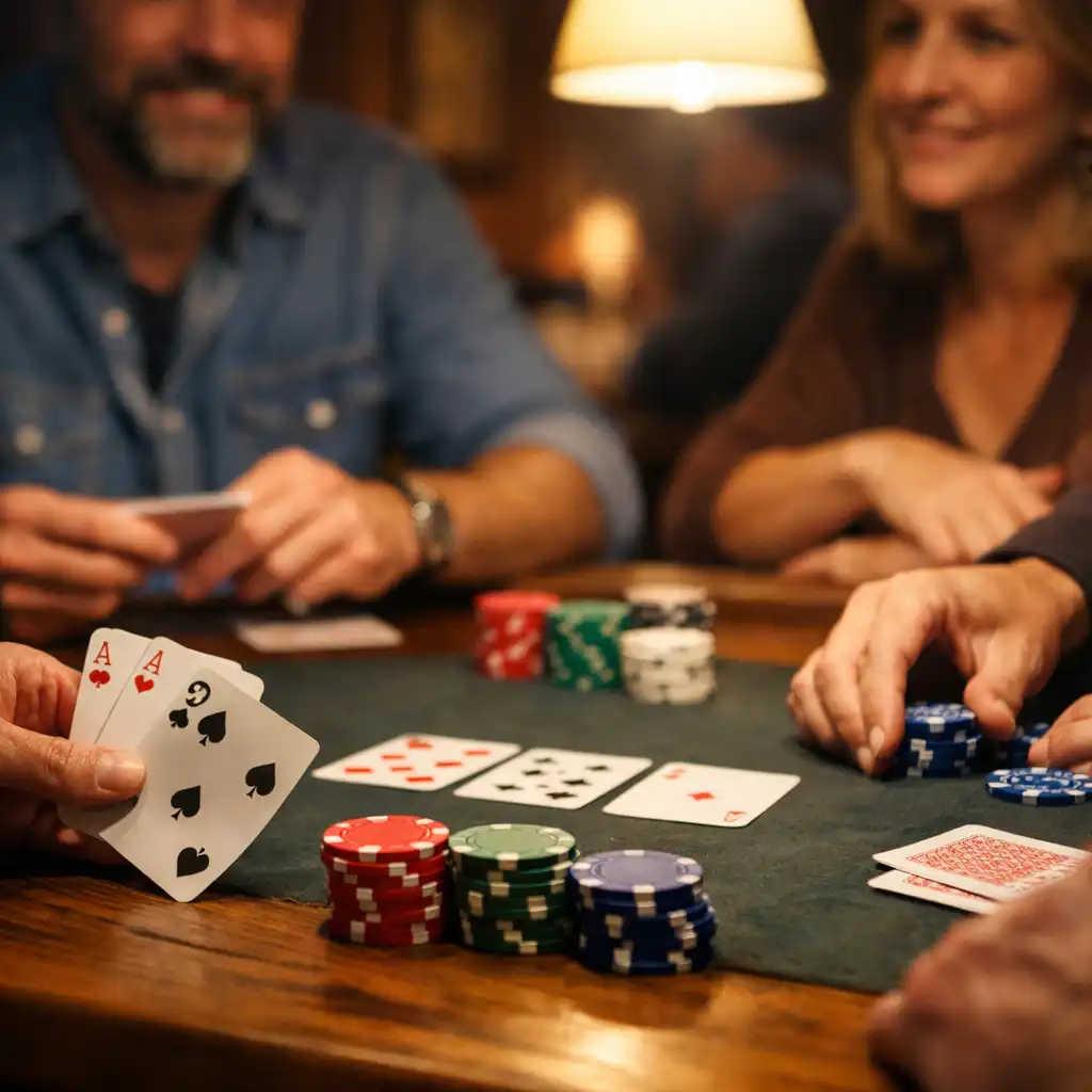 Physical cards and coloured chips on a poker table during a relaxed in-person gathering