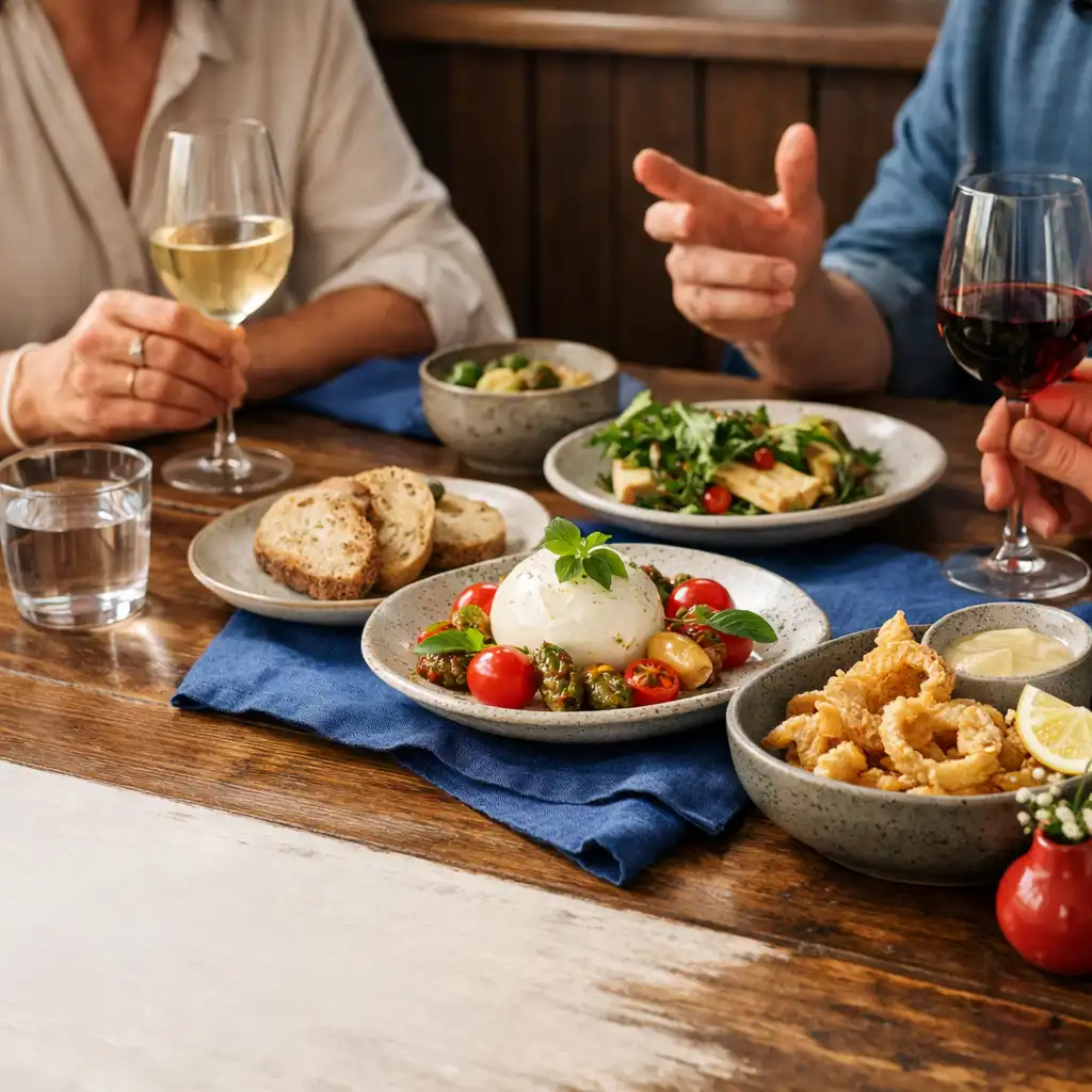 Shared plates, cobalt linen and hands in conversation across a warm timber bistro table