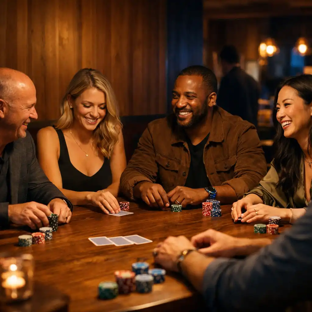Guests seated around a physical timber poker table in the Card Room