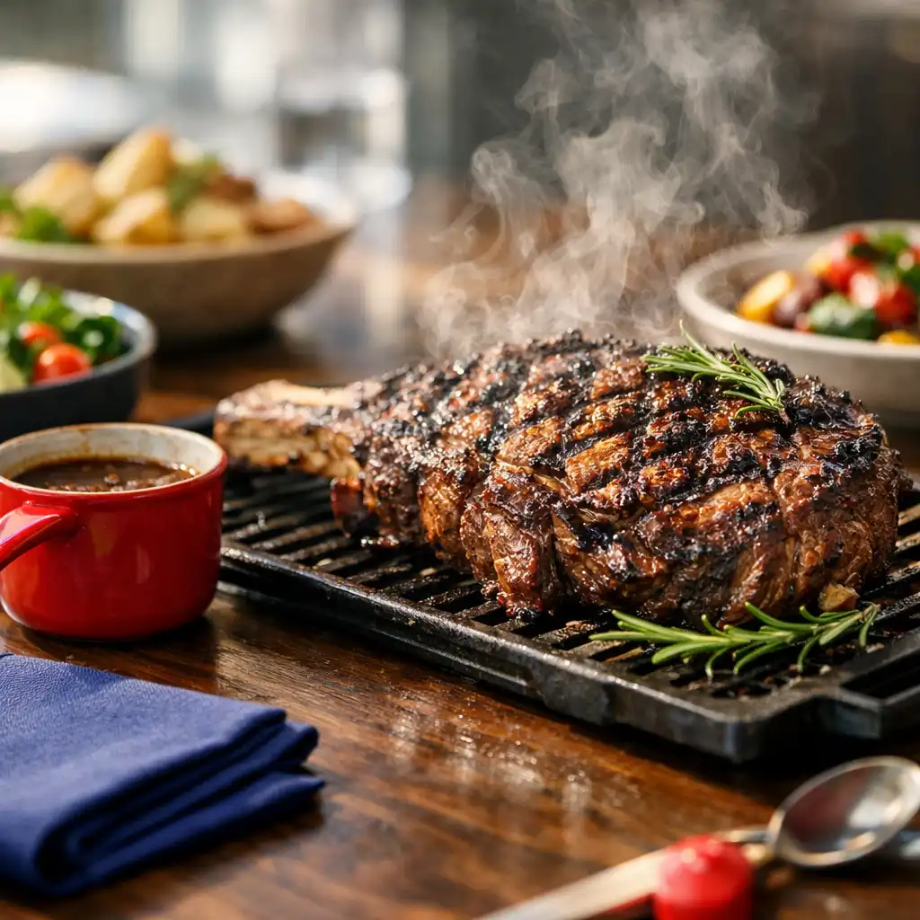 Charcoal-grilled bistro centrepiece being served on a dark timber table
