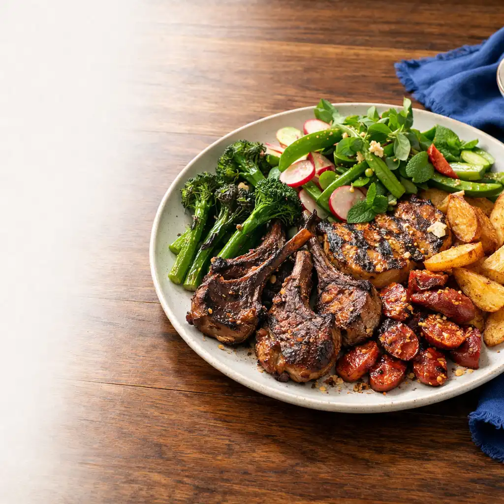 Charcoal-kissed shared bistro plate on a timber table with bright greens and cobalt linen