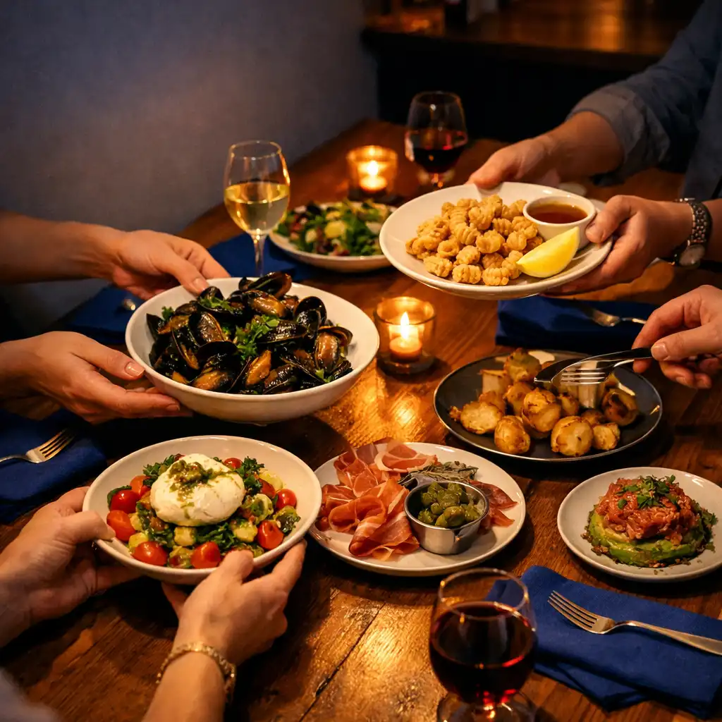 Friends passing shared bistro plates across a warm timber dinner table