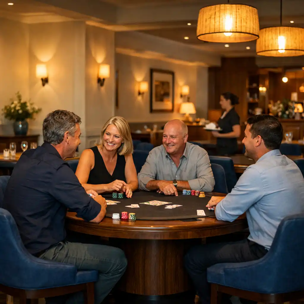 The dedicated Card Room with timber poker tables and cobalt seating