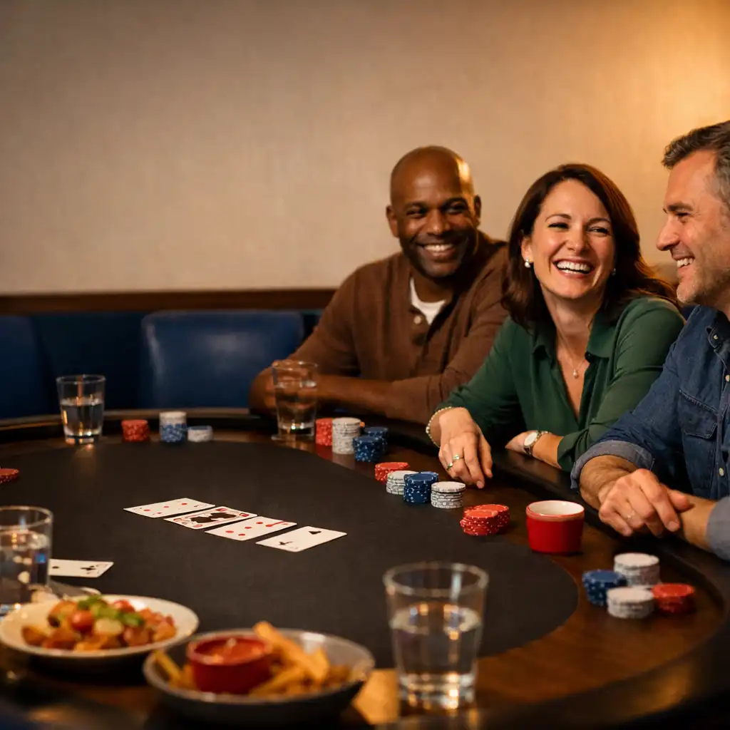 Guests sharing dishes and conversation around a poker table at Flop And Char Coal