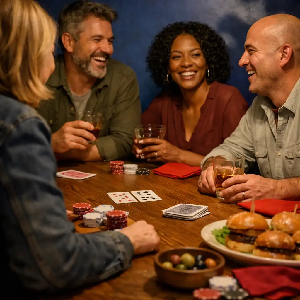 Friends talking around a poker table with shared plates in the evening Card Room