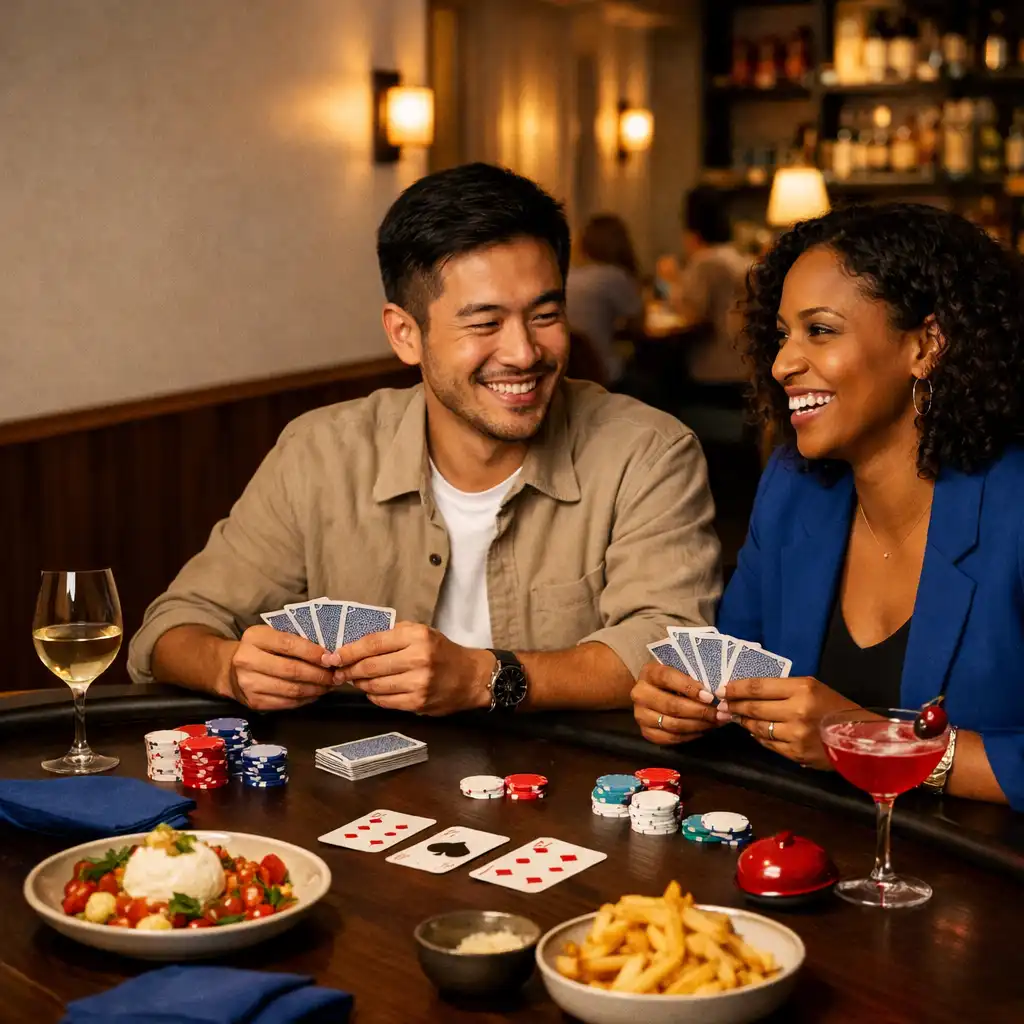 Friends sharing food and cards at a timber poker table inside the Card Room