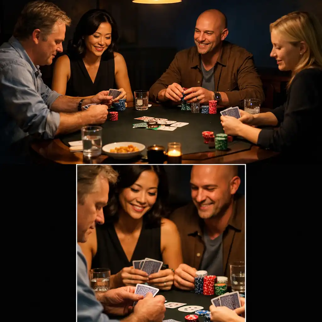 Guests sharing an in-person poker table with cards and chips in the Card Room