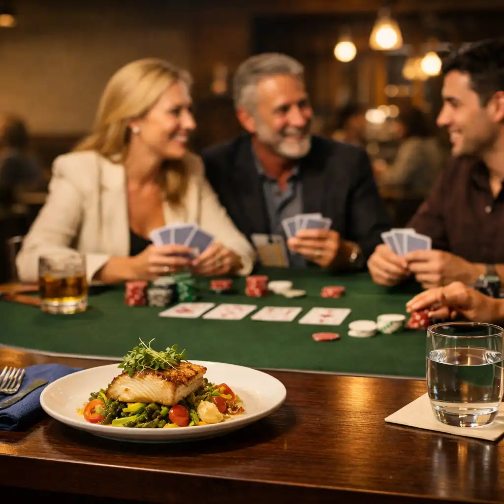 Bistro dish, cards and chips on a poker table during a sociable restaurant evening