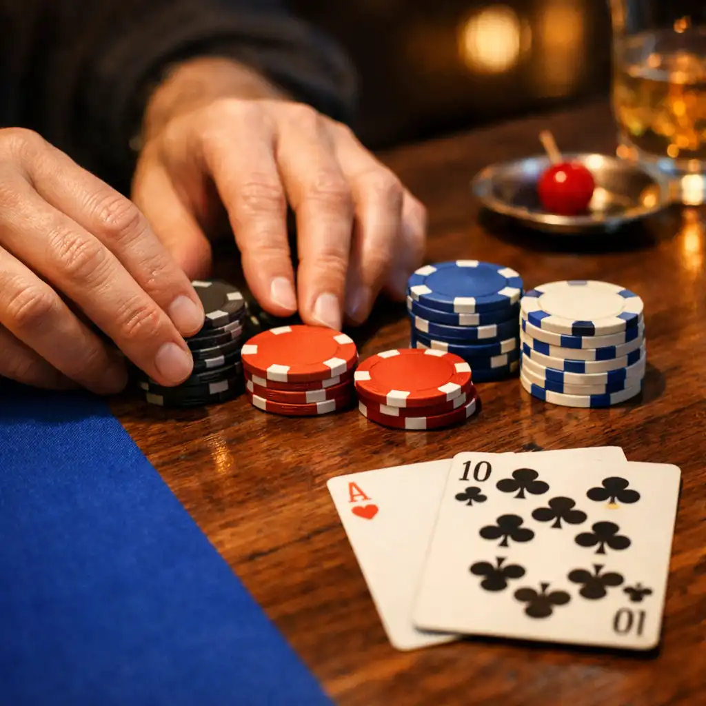 Hands arranging chips beside playing cards on a dark timber poker table