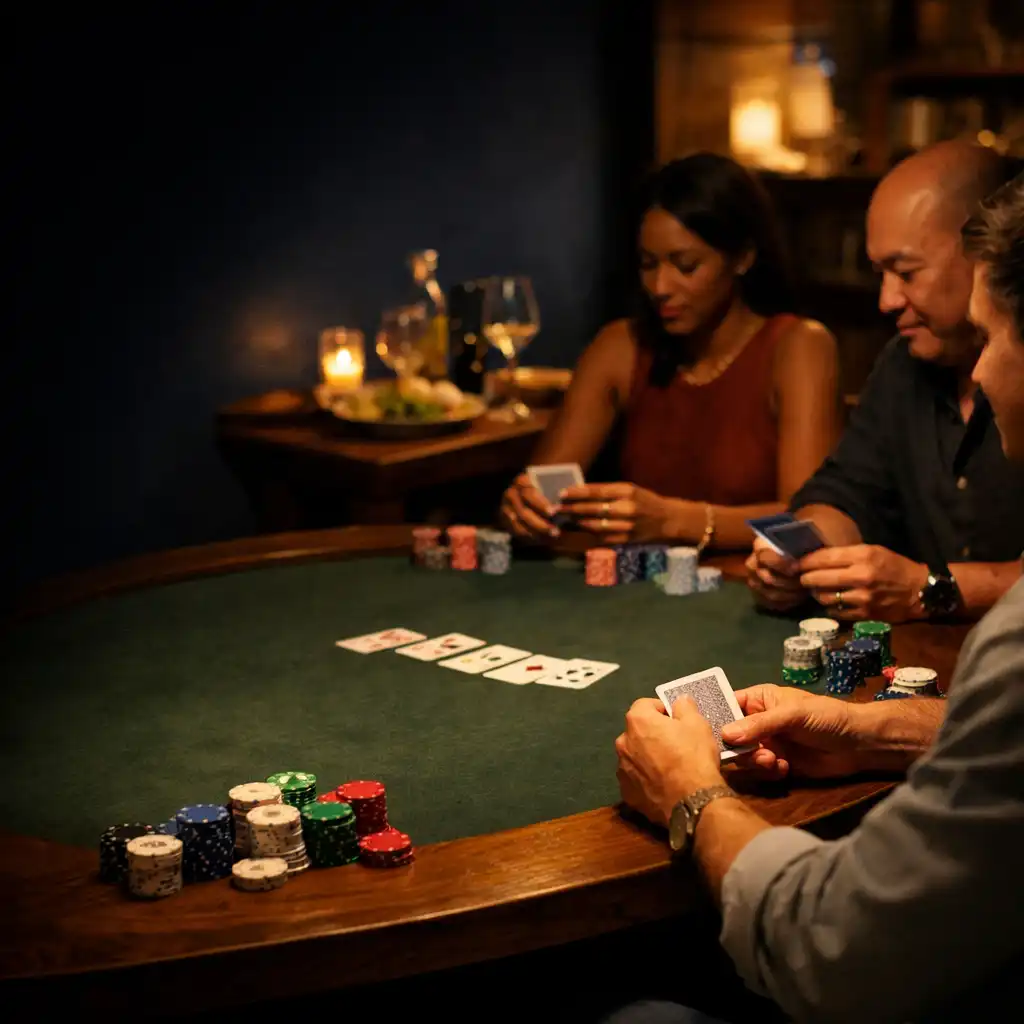 People gathered around a timber poker table with cards and coloured chips