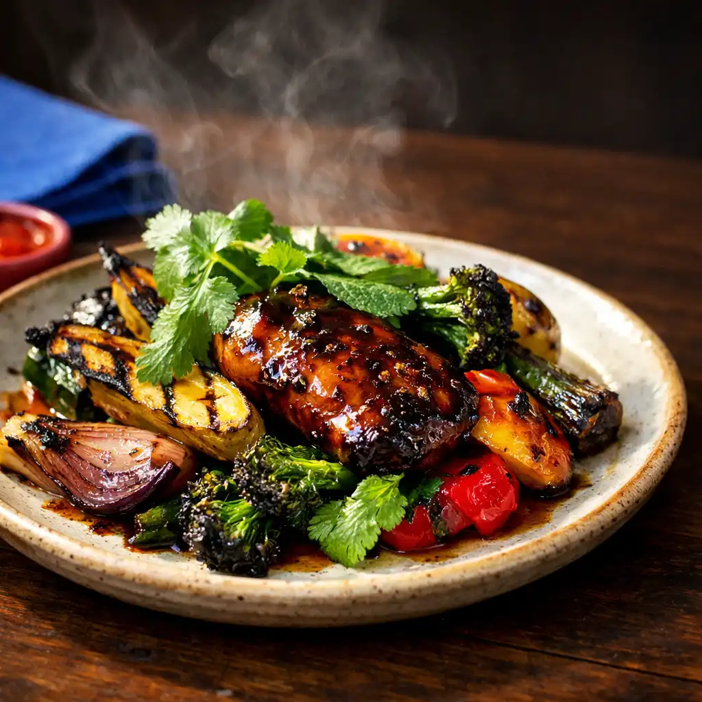 Charcoal-cooked sharing plate with herbs on dark timber