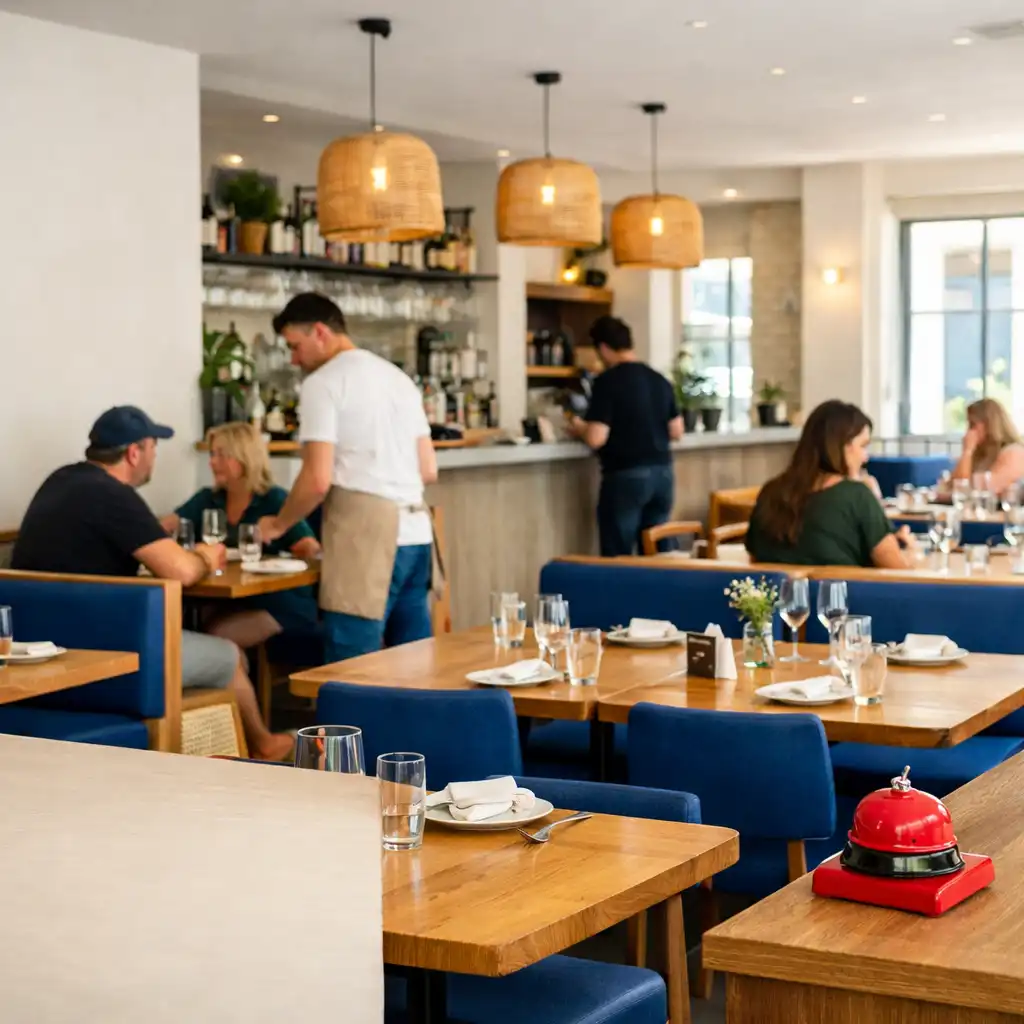 Bright dining room with timber tables, pale surfaces and diners