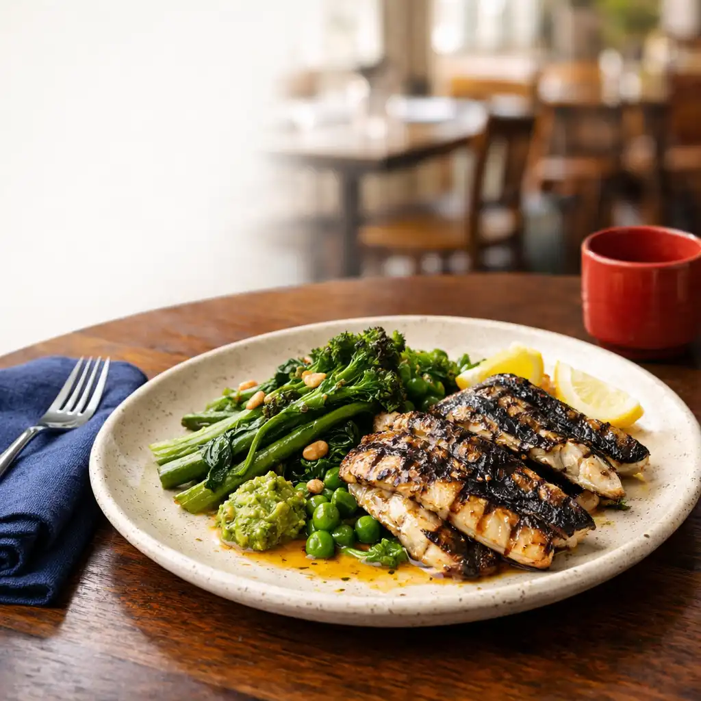 Charcoal-kissed fish and seasonal greens on a bistro share plate