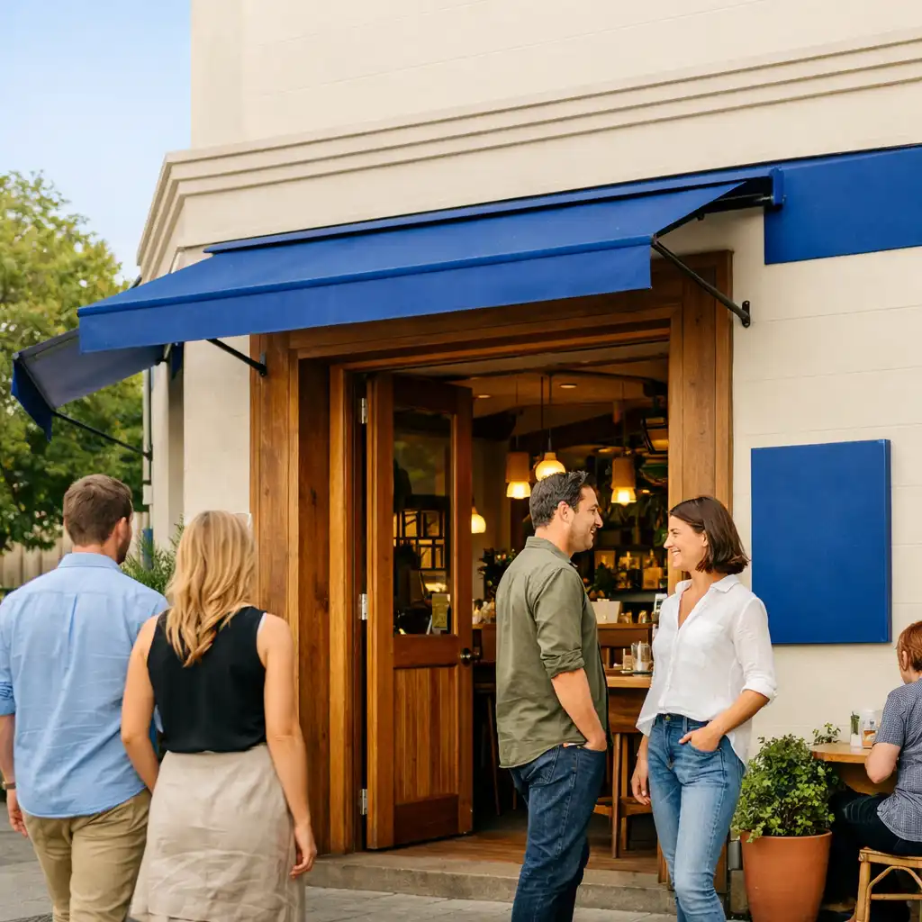 A welcoming daylight arrival at a contemporary Surry Hills bistro entrance with guests approaching.