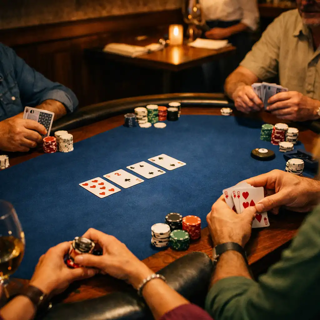 Guests gathered around physical cards and chips at a Card Room table