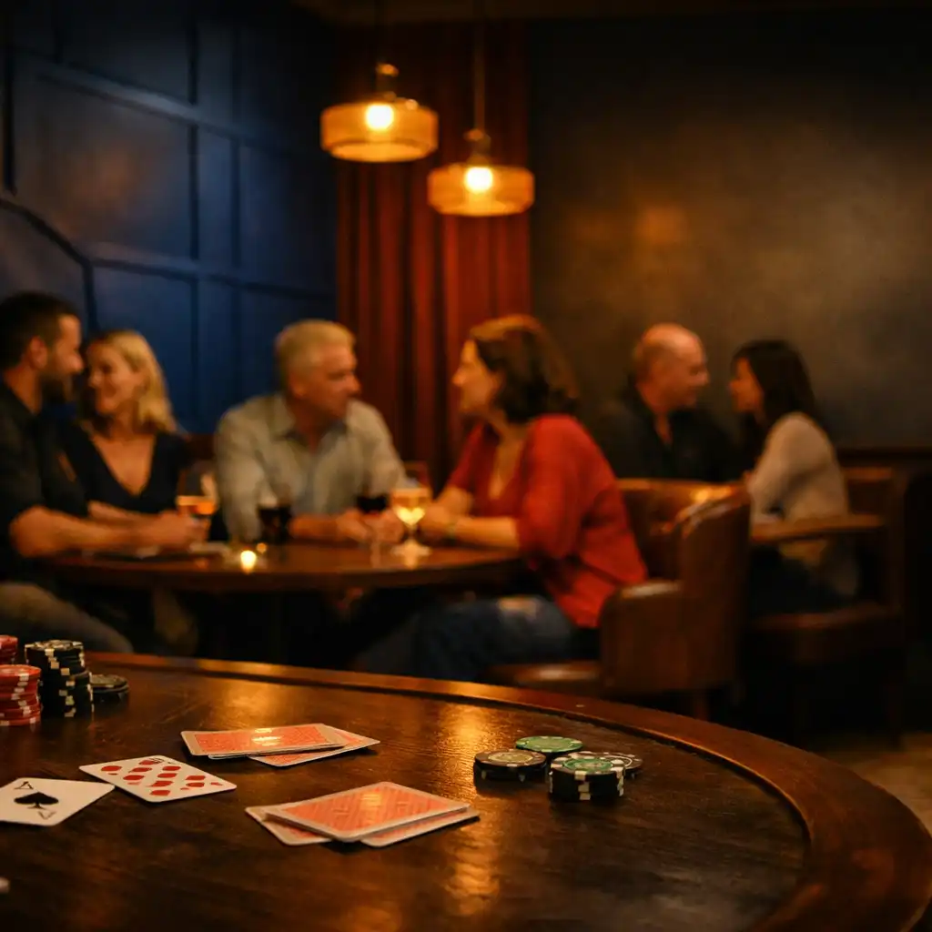 Warm timber Card Room with guests talking around a physical poker table